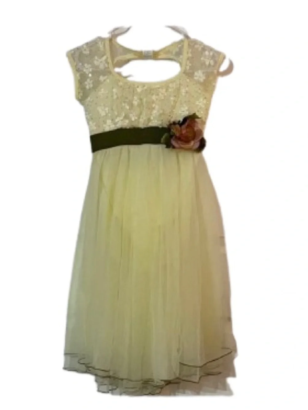 Curtain Call Dress -Ltyellow-cut out back-lace floral bodice-Tulle-Size Large